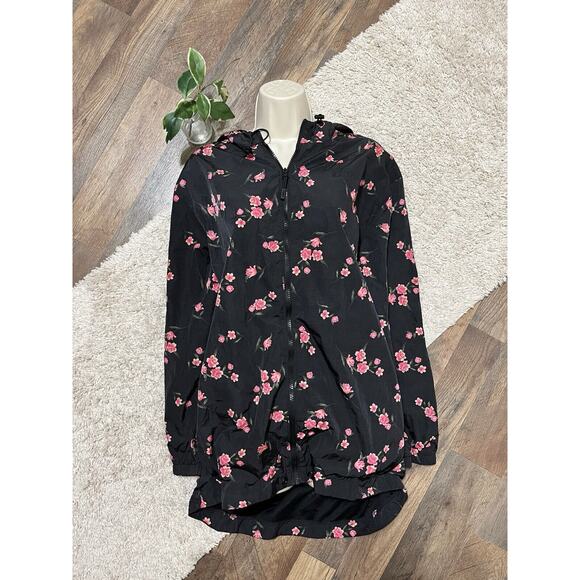 Victoria's Secret PINK XS/S Black Floral Hooded Full Zip Windbreaker Rain Jacket - Picture 8 of 8